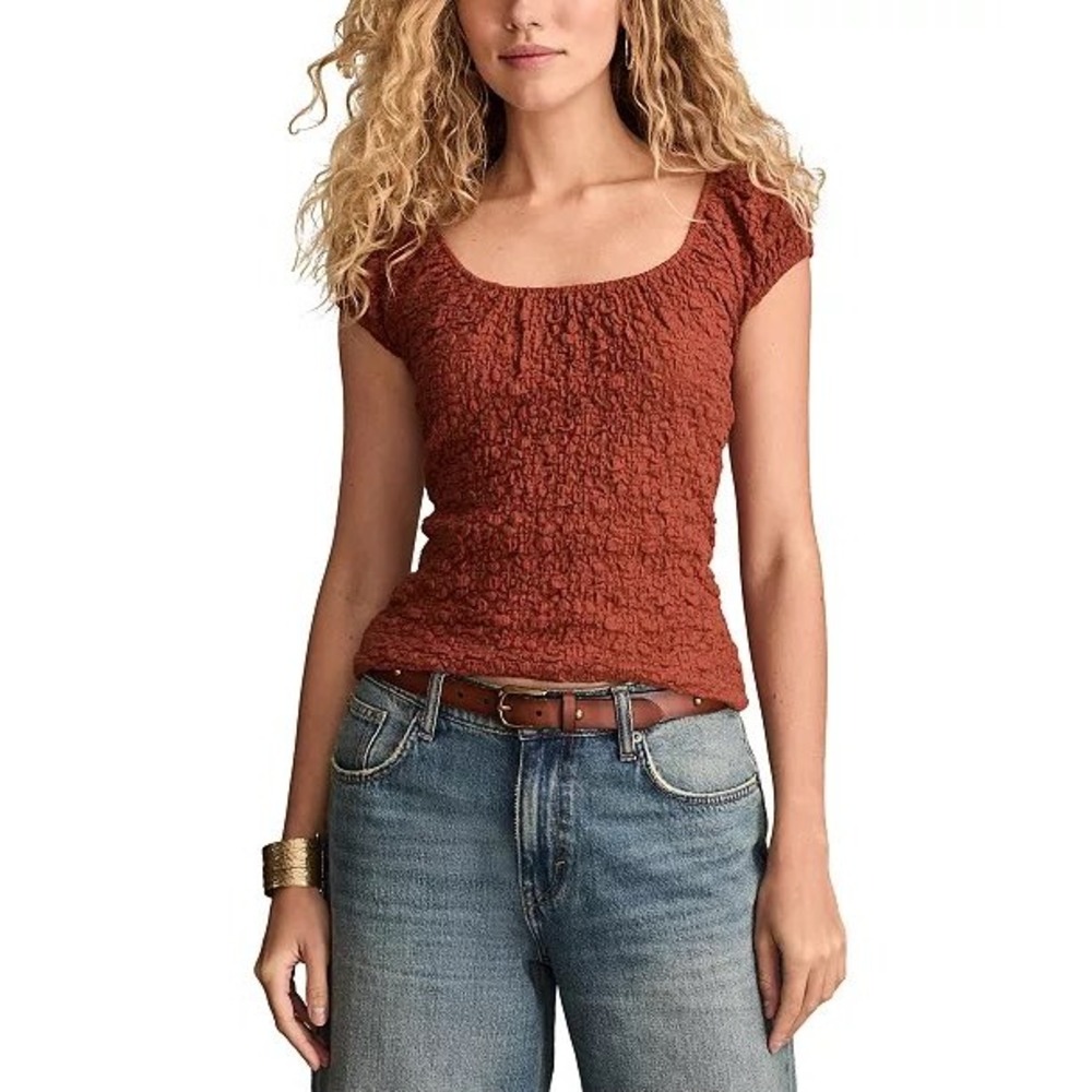 Lucky Brand Short Sleeve Textured‎ Top Rust Orange XS Cap Sleeve Lace Boho NWT
